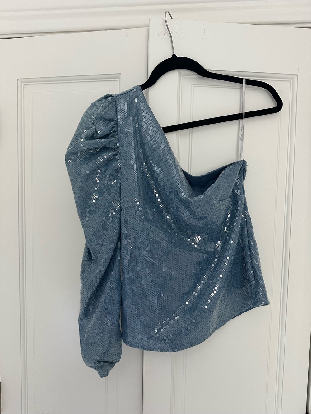 Revolve / Lovers + Friends One-Shoulder Sequin Top in Dusty Blue
